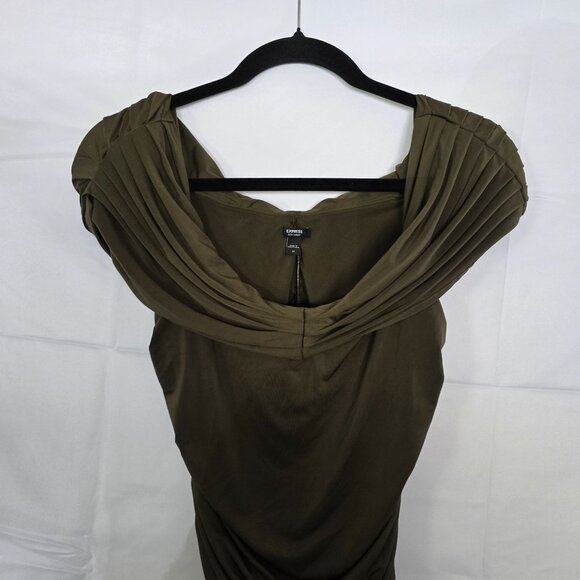 Express Body Contour Olive Off-Shoulder Ruched Bodysuit M Stretch - Picture 7 of 9